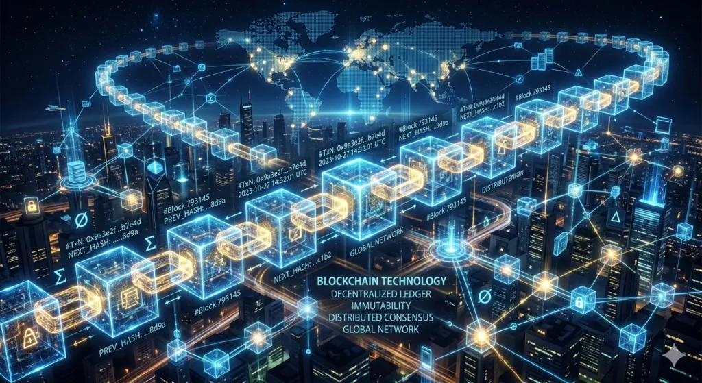 Generic: "Decentralized blockchain network showing connected data blocks forming a digital chain" Focused on security: "Blockchain distributed ledger with encrypted blocks linked in chronological sequence" Simple: "Illustration of blockchain technology with interconnected blocks and nodes"