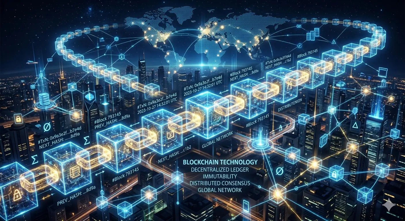 Generic: "Decentralized blockchain network showing connected data blocks forming a digital chain" Focused on security: "Blockchain distributed ledger with encrypted blocks linked in chronological sequence" Simple: "Illustration of blockchain technology with interconnected blocks and nodes"